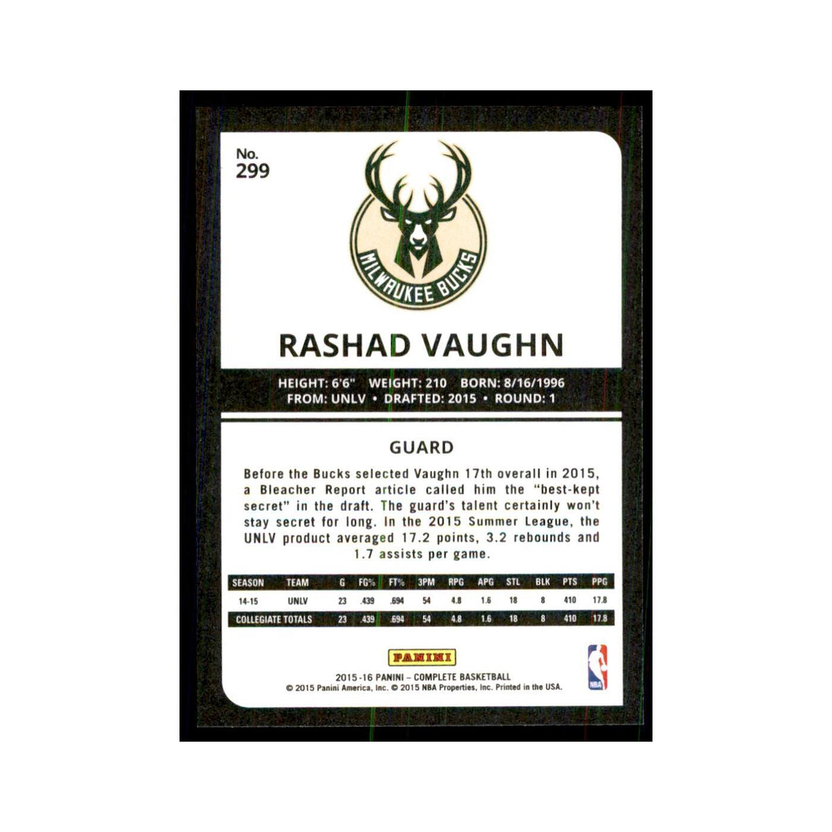 2015 Panini Complete Rashad Vaughn RC Bucks #299