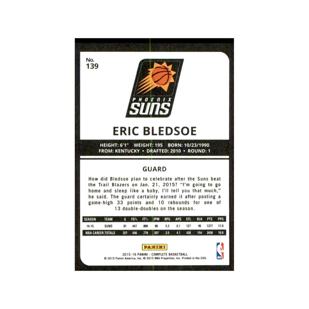 2015 Panini Complete Eric Bledsoe Suns #139