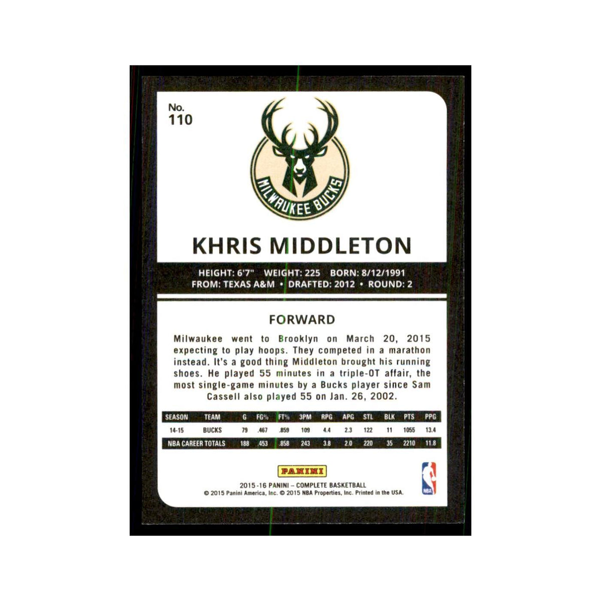 2015 Panini Complete Khris Middleton Bucks #110