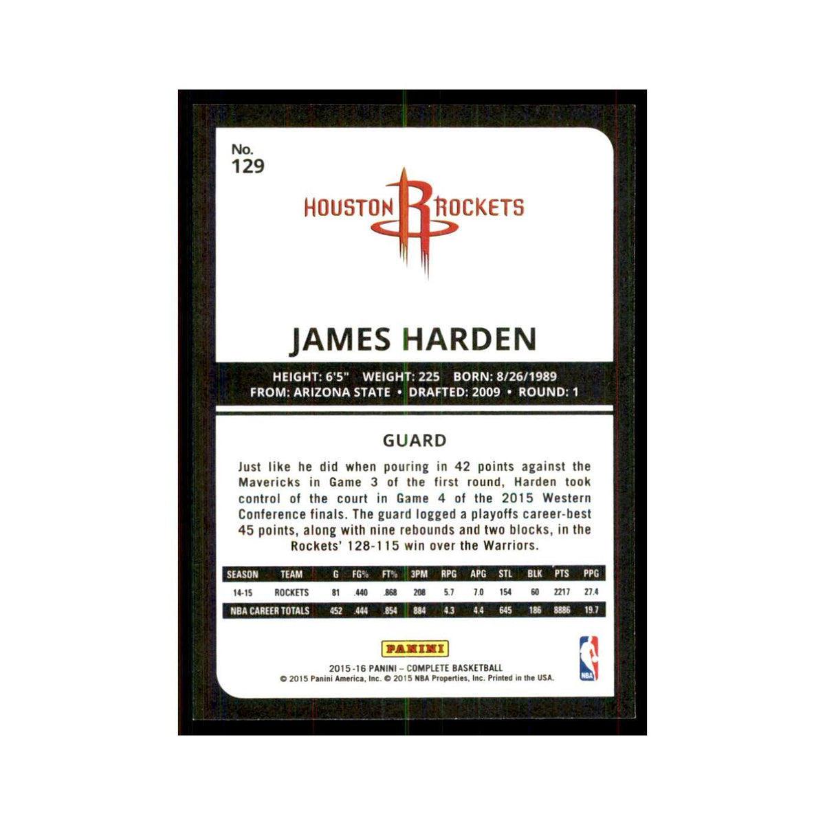 2015 Panini Complete James Harden RC Rockets #129