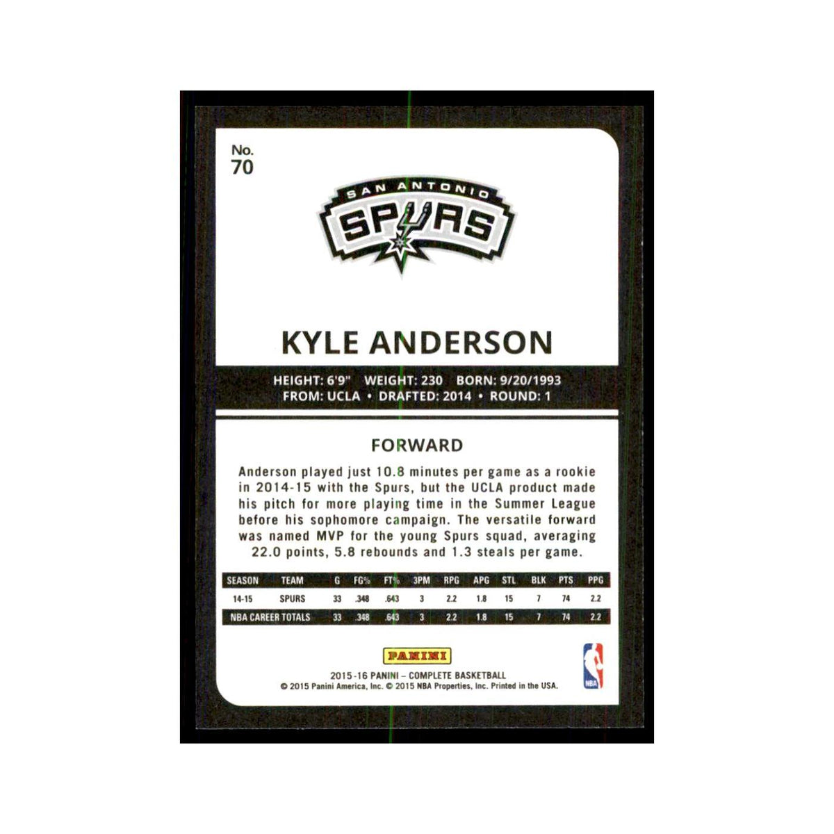 2015 Panini Complete Kyle Anderson Spurs #70