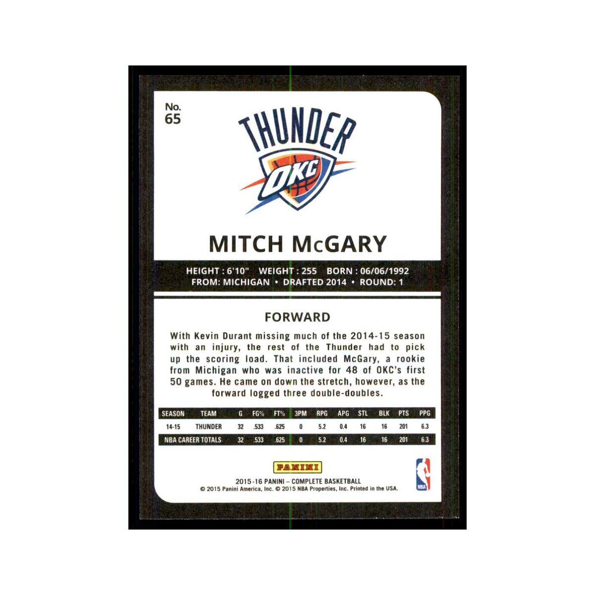 2015 Panini Complete Mitch McGary Thunder #65