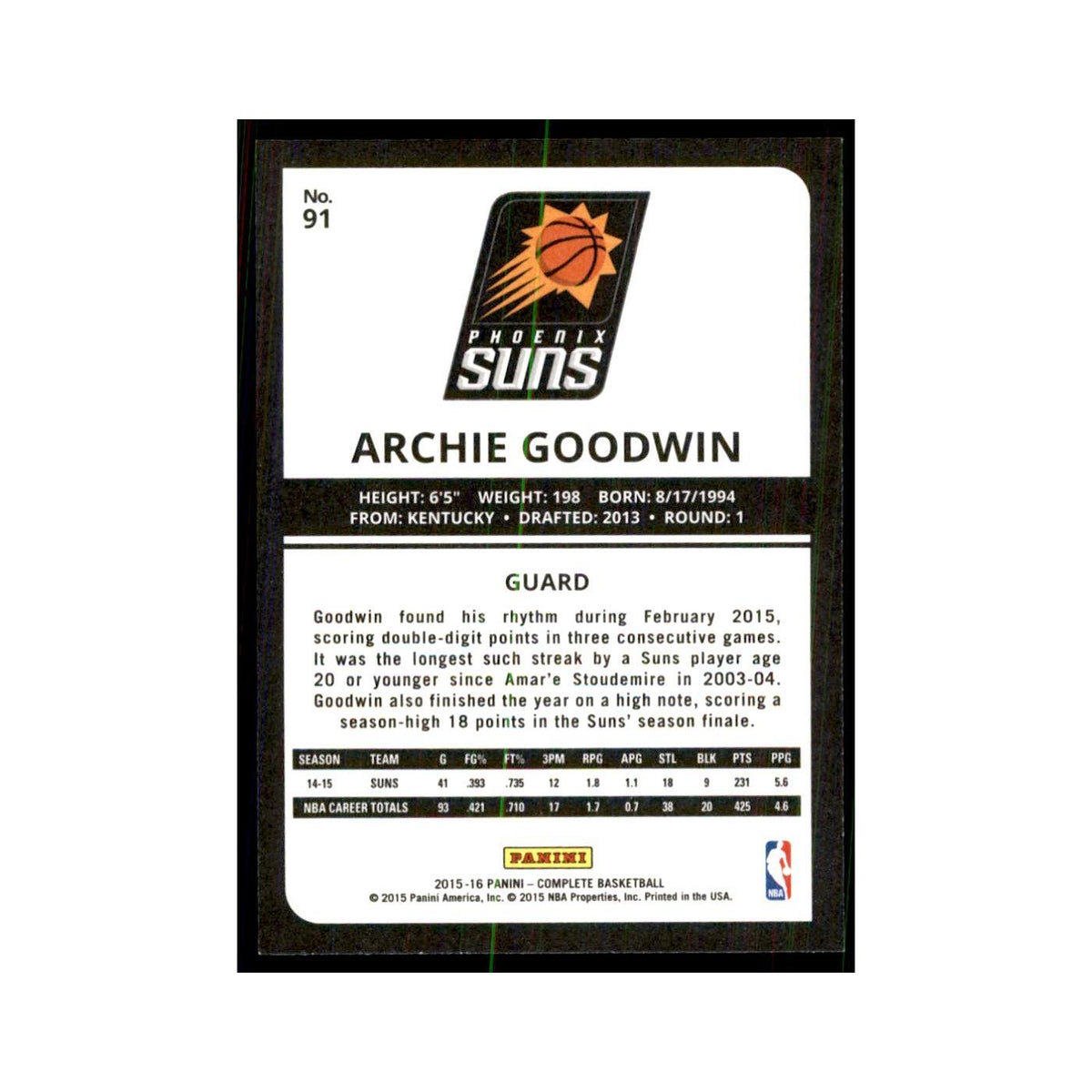 2015 Panini Complete Archie Goodwin Suns #91