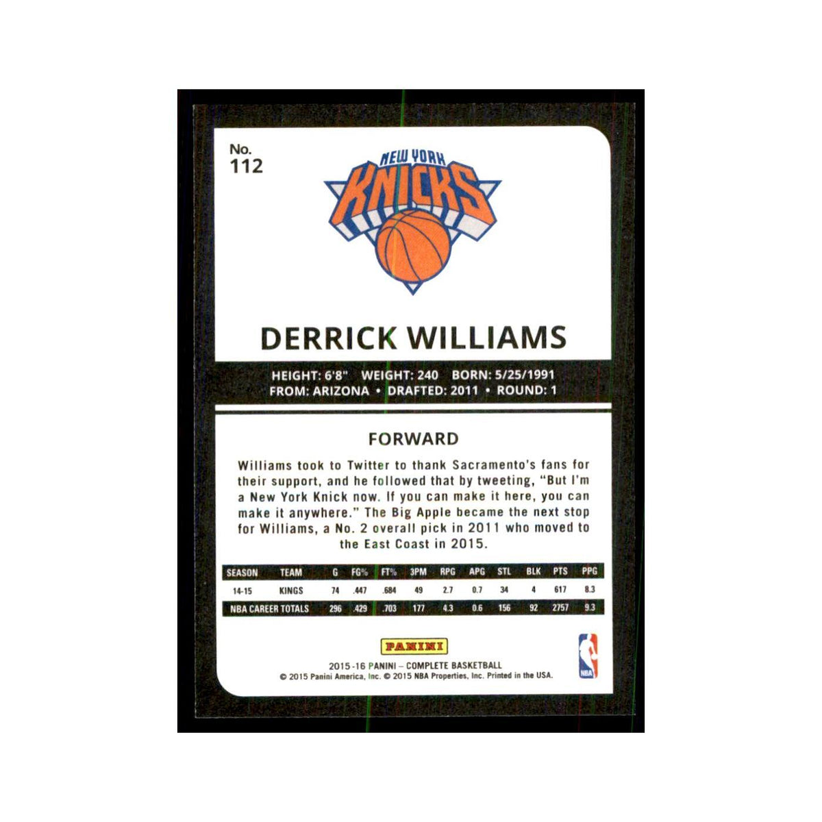 2015 Panini Complete Derrick Williams Knicks #112