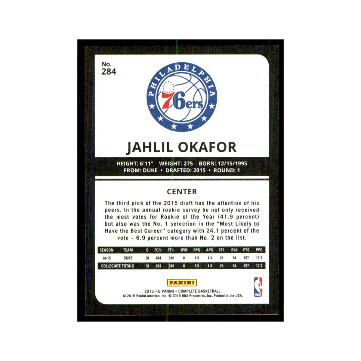 2015 Panini Complete Jahlil Okafor RC 76ers #284