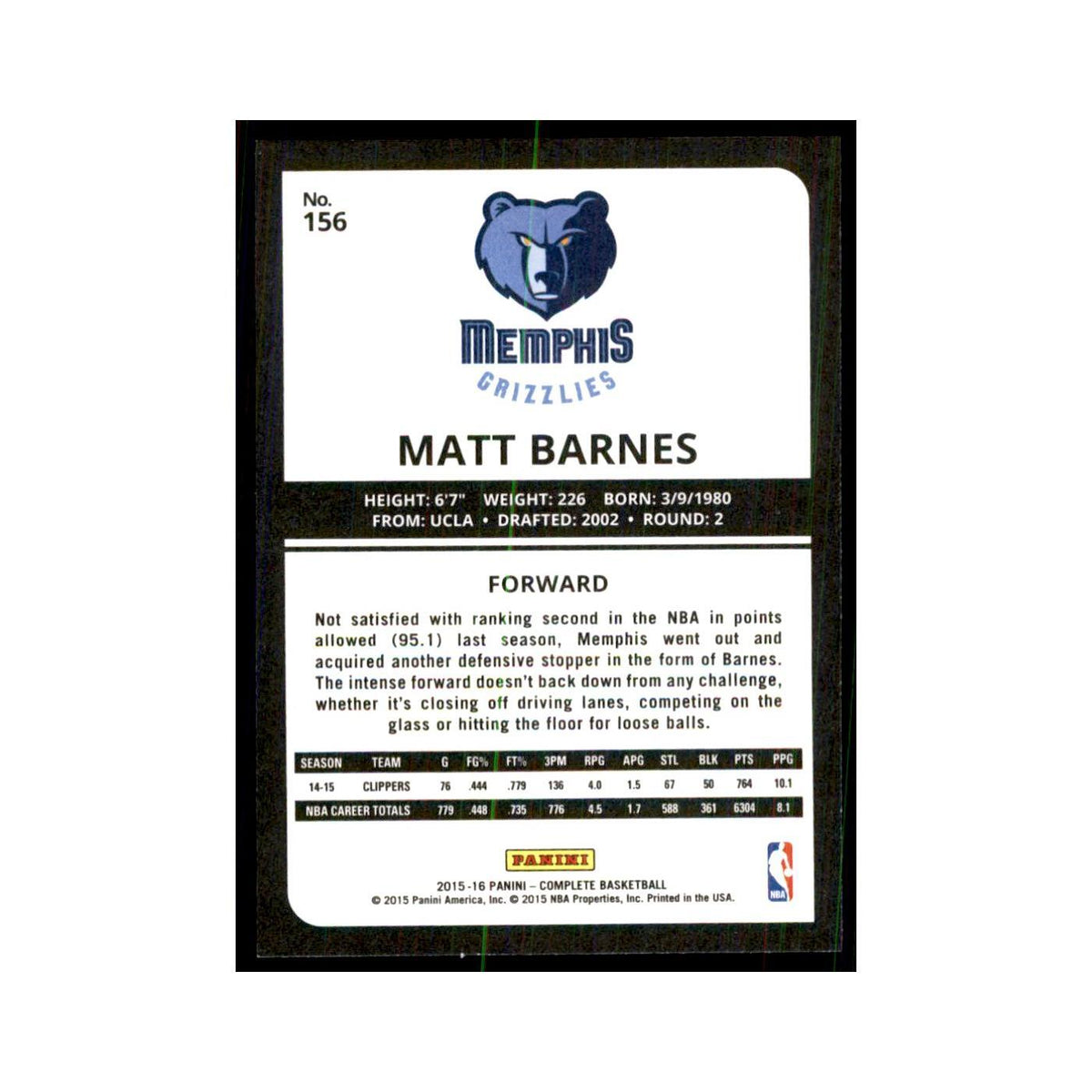 2015 Panini Complete Matt Barnes Grizzlies #156