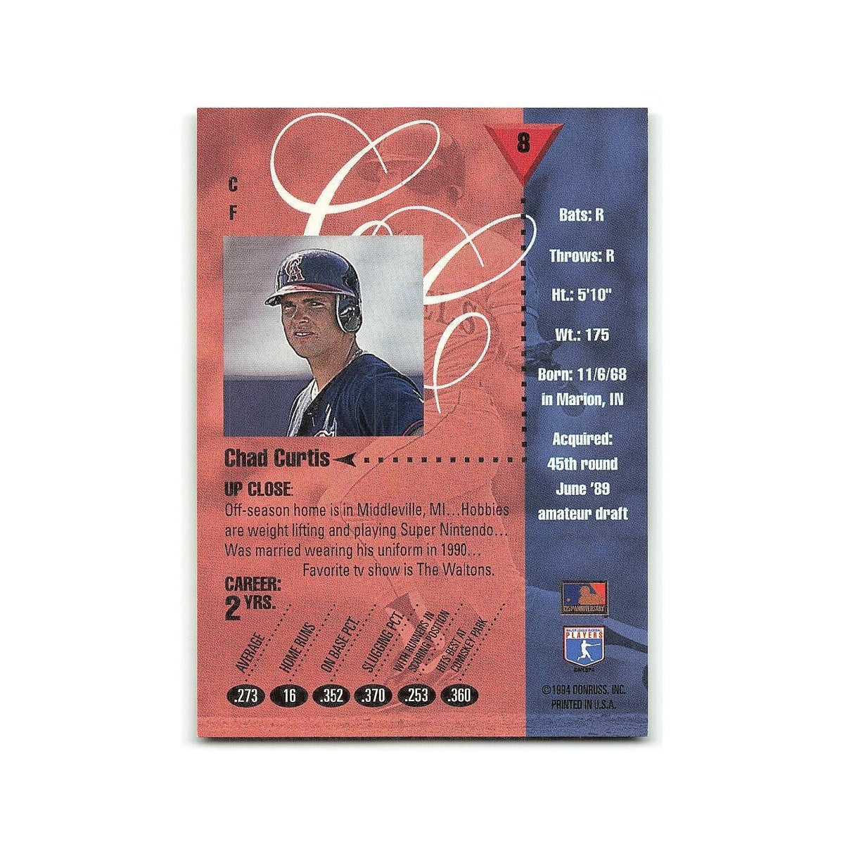 Chad Curtis 1994 Studio #8 California Angels Baseball Card NM