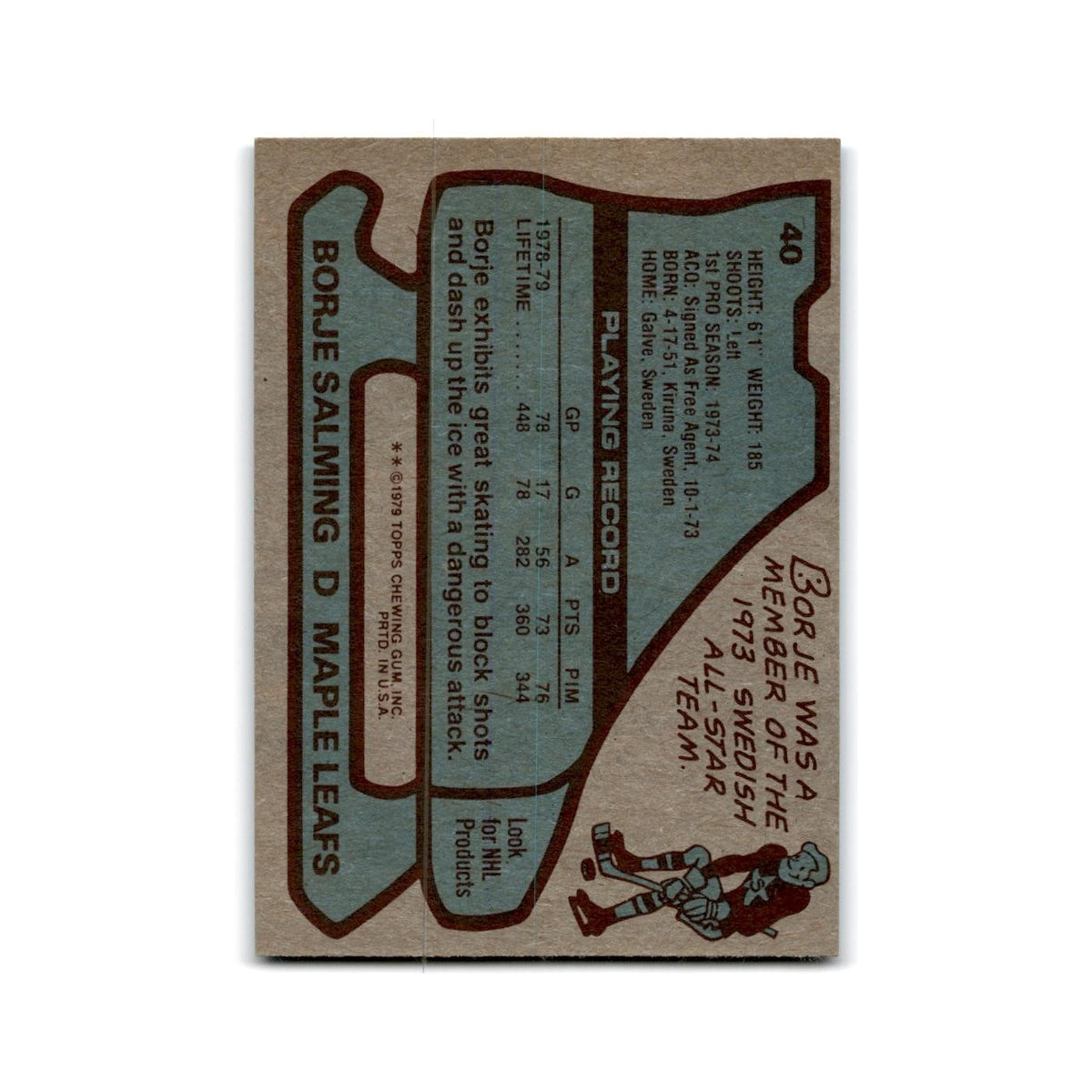 1979 Topps Borje Salming Toronto Maple Leafs #40