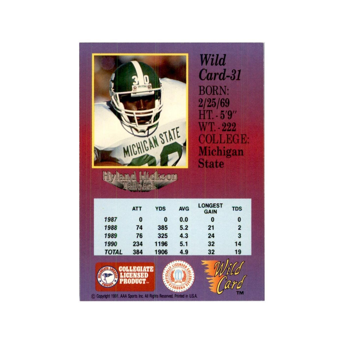 1991 Wild Card Hyland Hickson Football Cards #31