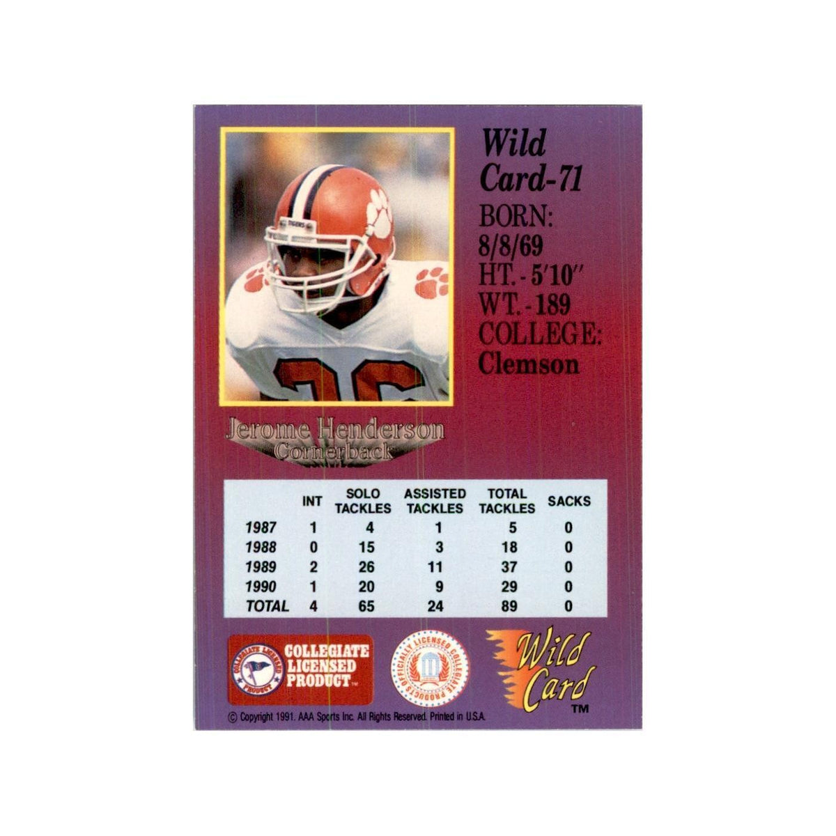 1991 Wild Card Jerome Henderson Football Cards #71