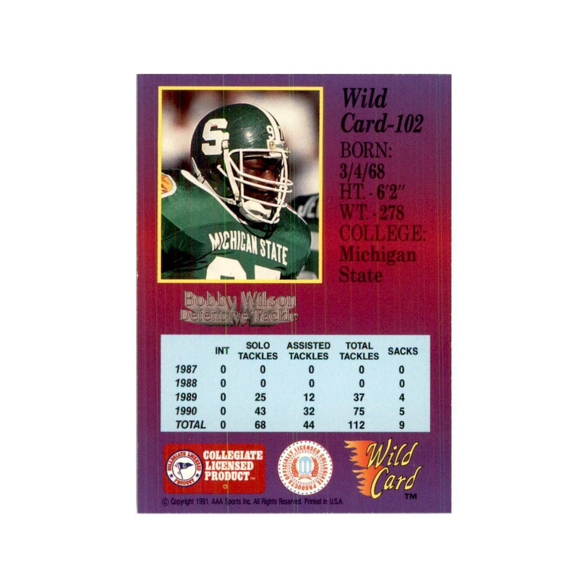 1991 Wild Card Bobby Wilson Football Cards #102