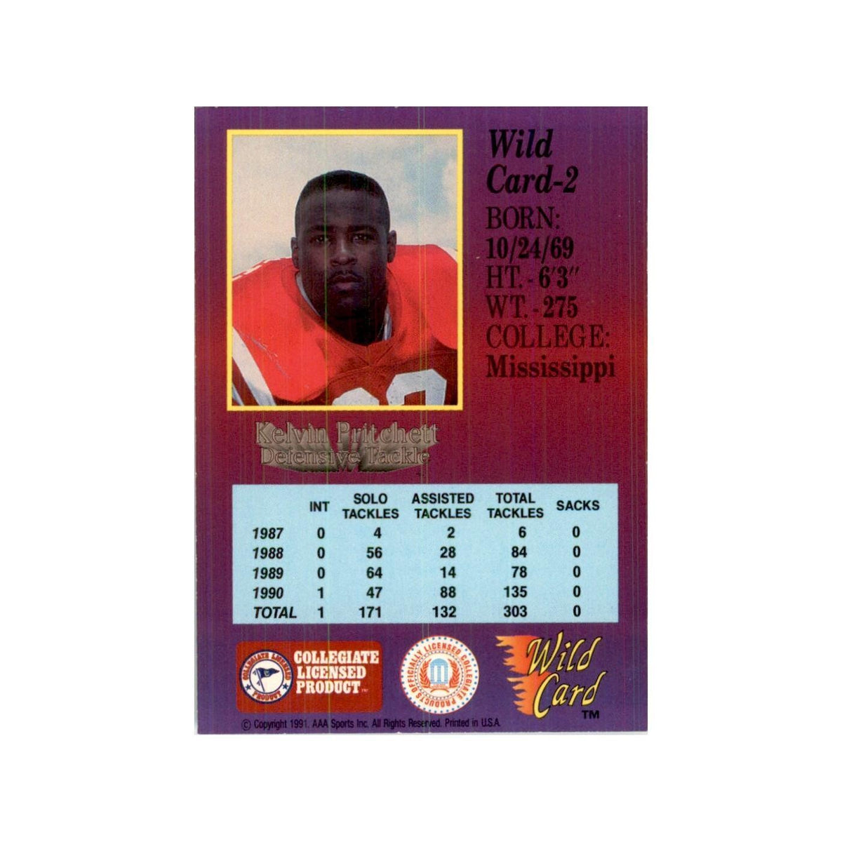 1991 Wild Card Kelvin Pritchett Football Cards #2