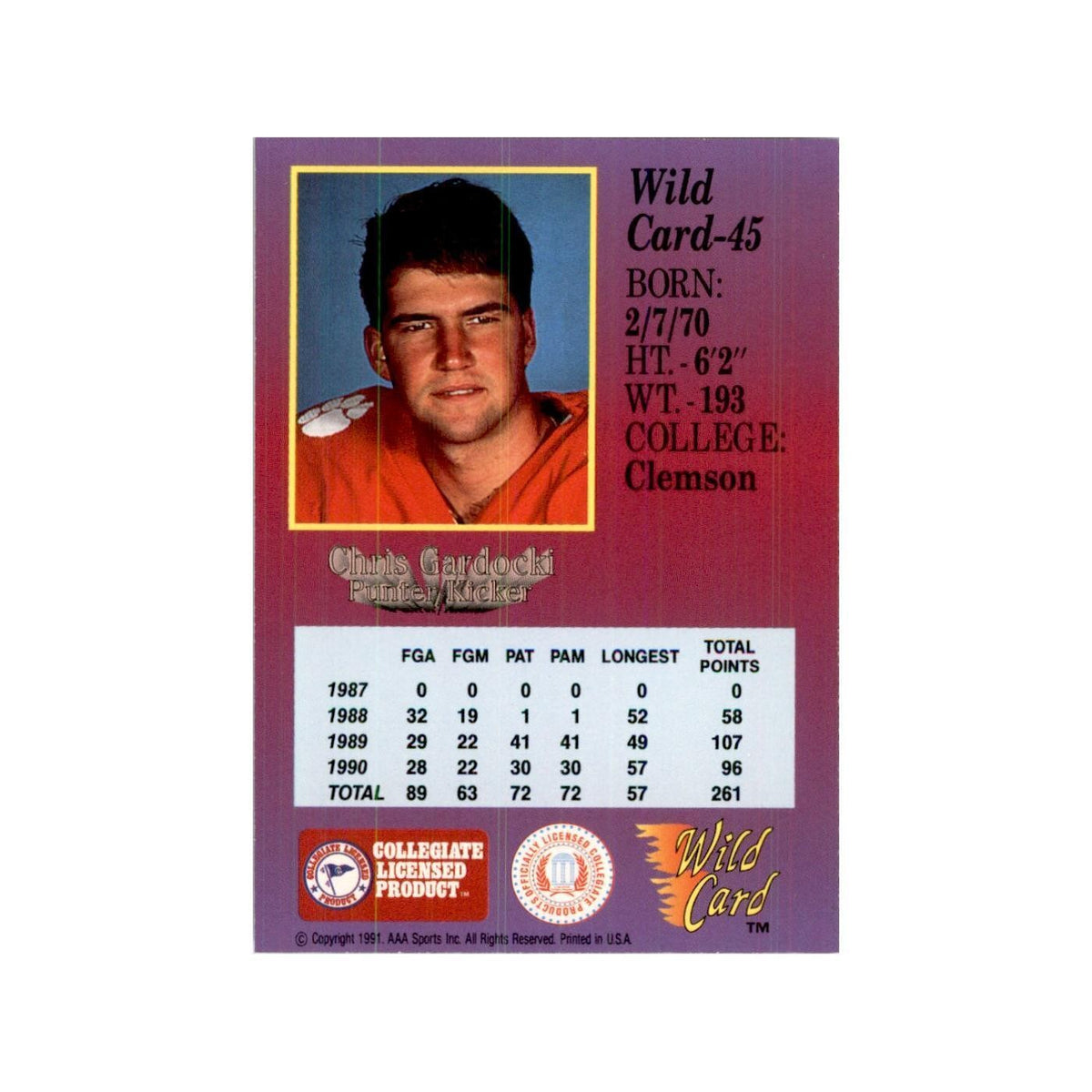1991 Wild Card Chris Gardocki Football Cards #45
