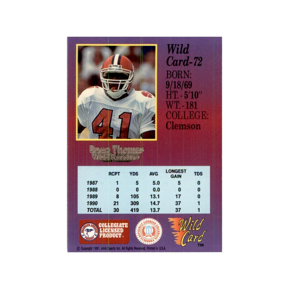 1991 Wild Card Doug Thomas Football Cards #72