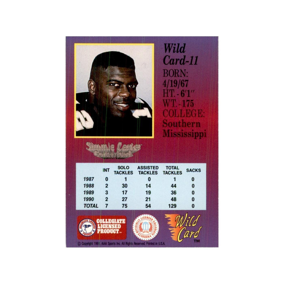 1991 Wild Card Simmie Carter Football Cards #11