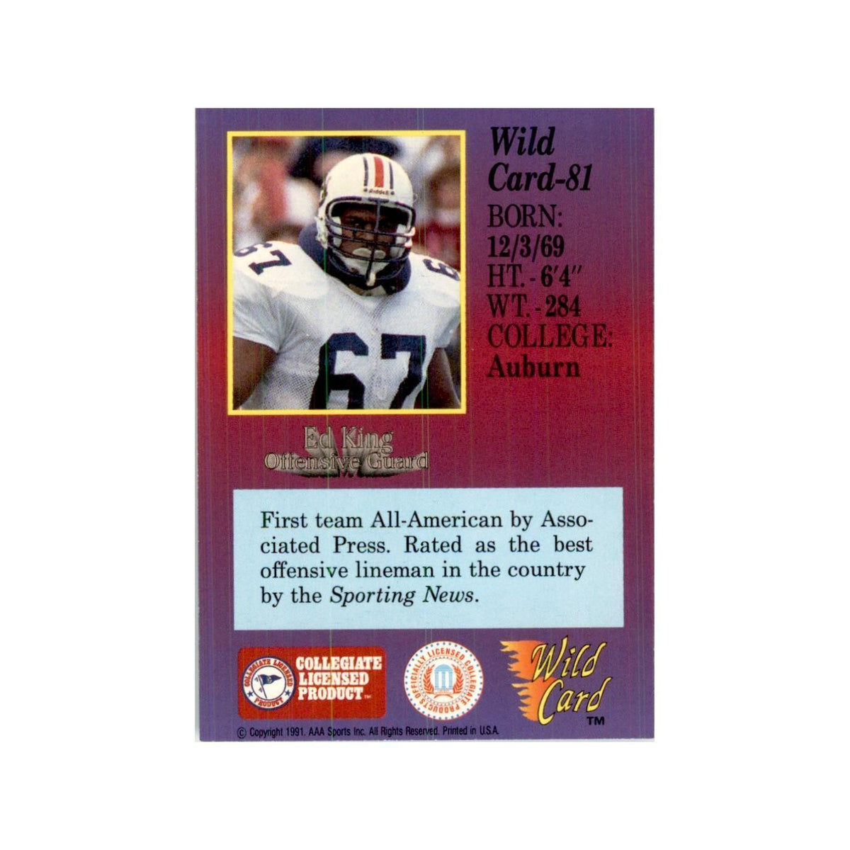 1991 Wild Card Ed King Football Cards #81