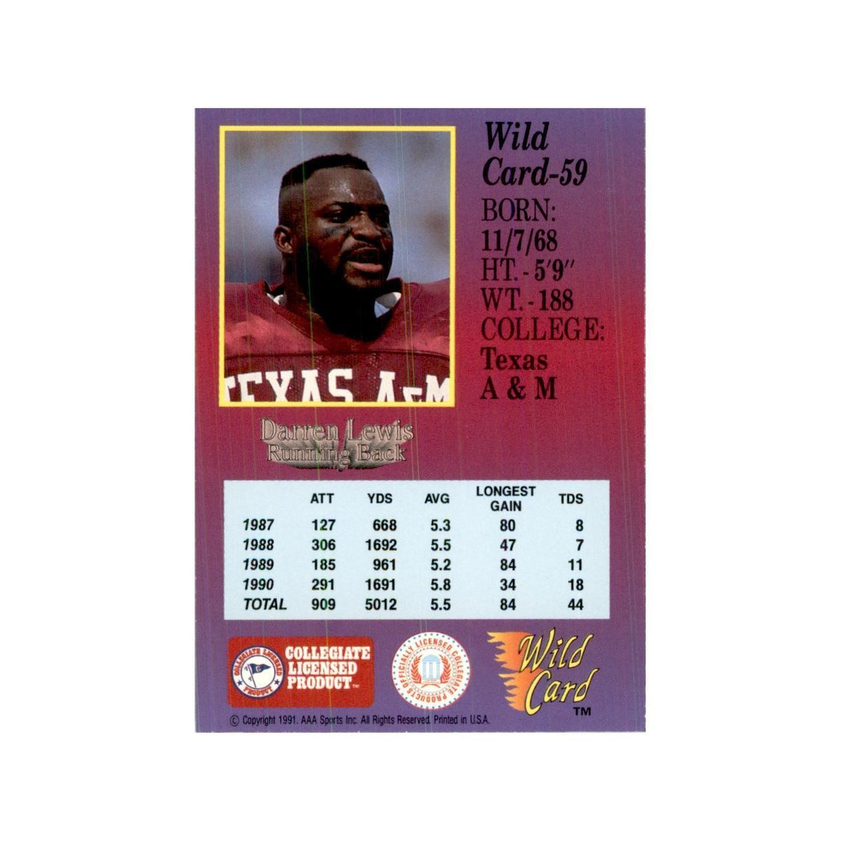 1991 Wild Card Darren Lewis Football Cards #59