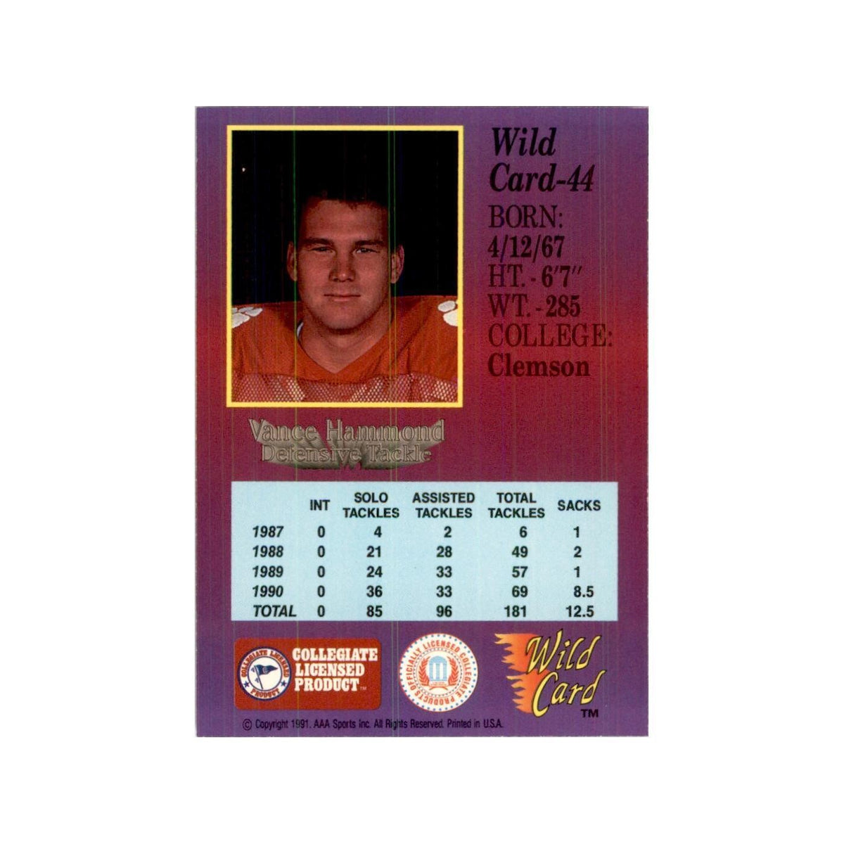 1991 Wild Card Vance Hammond Football Cards #44