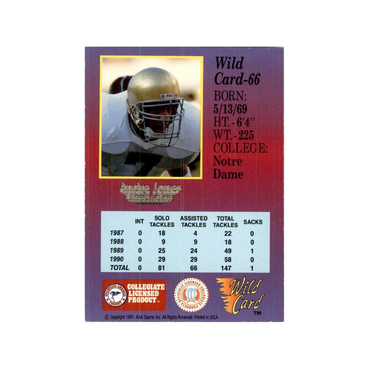 1991 Wild Card Andre Jones Football Cards #66