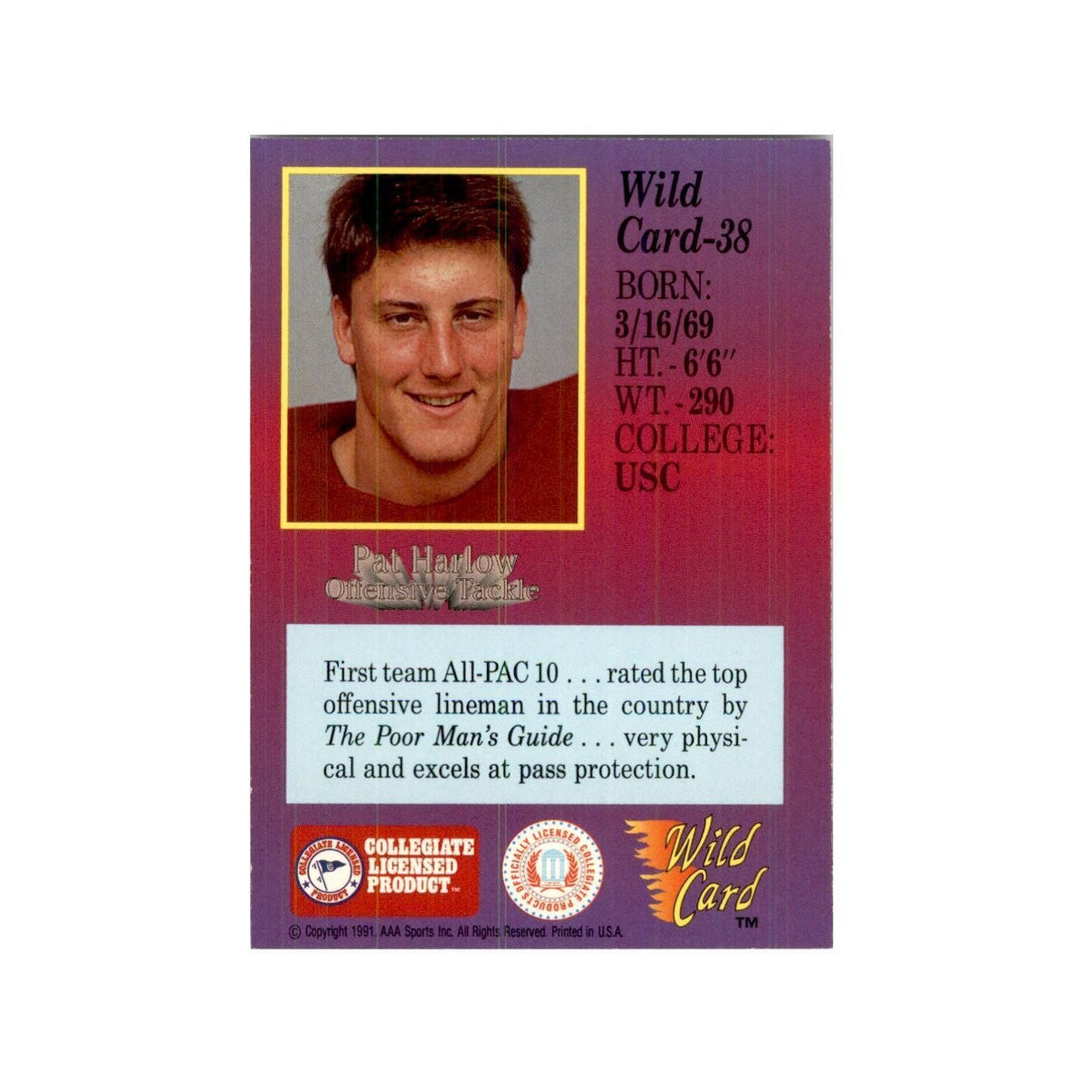 1991 Wild Card Pat Harlow Football Cards #38