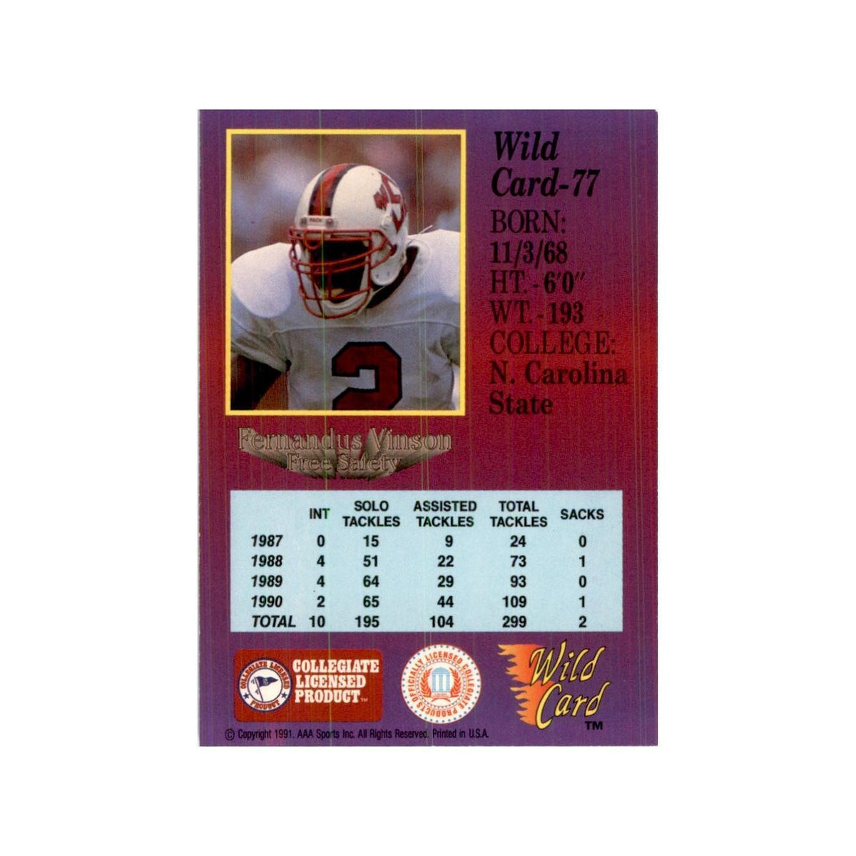 1991 Wild Card Fernandus Vinson Football Cards #77