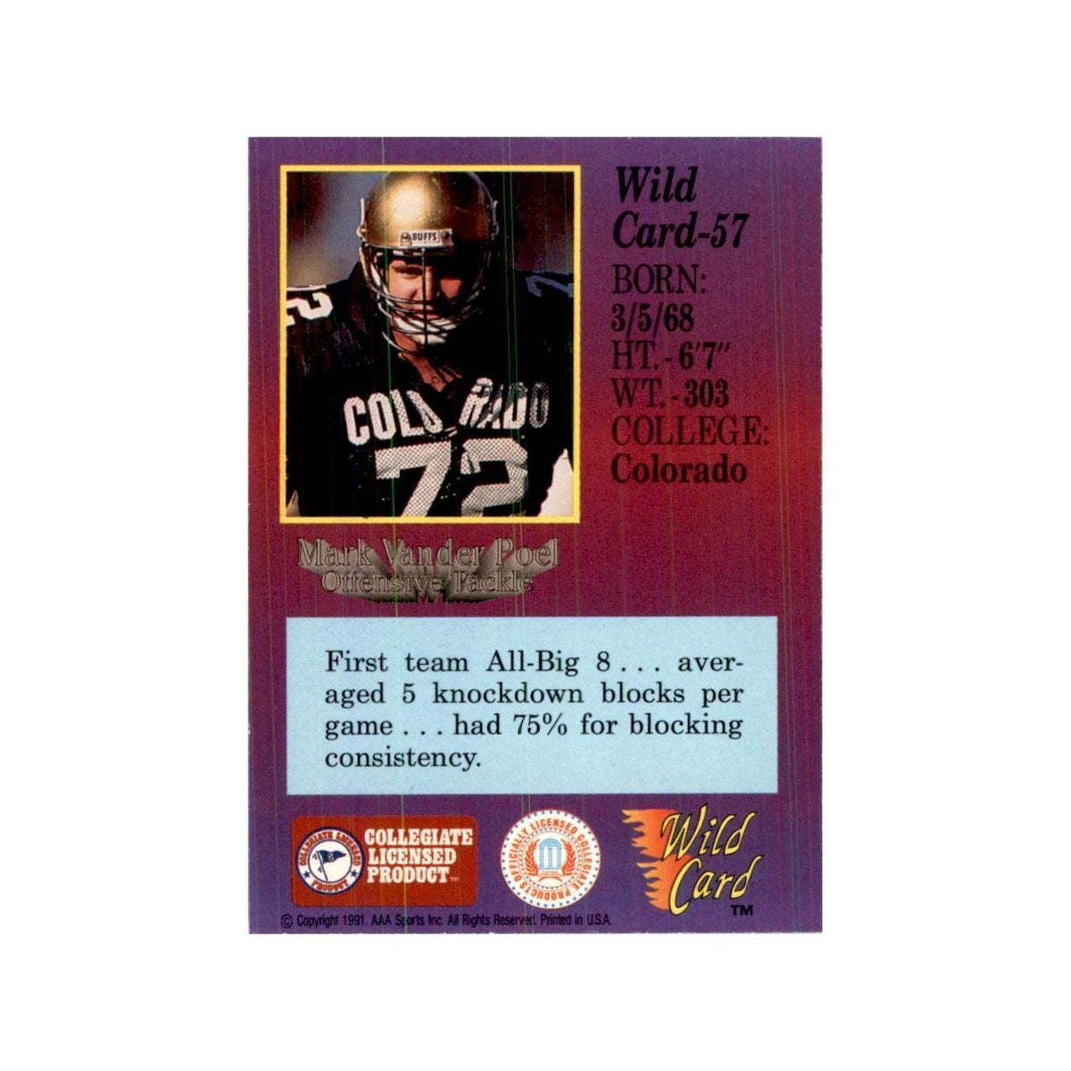 1991 Wild Card Mark Vander Poel Football Cards #57