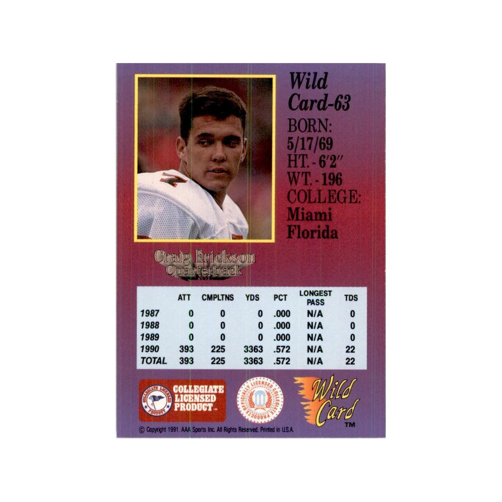 1991 Wild Card Craig Erickson Football Cards #63