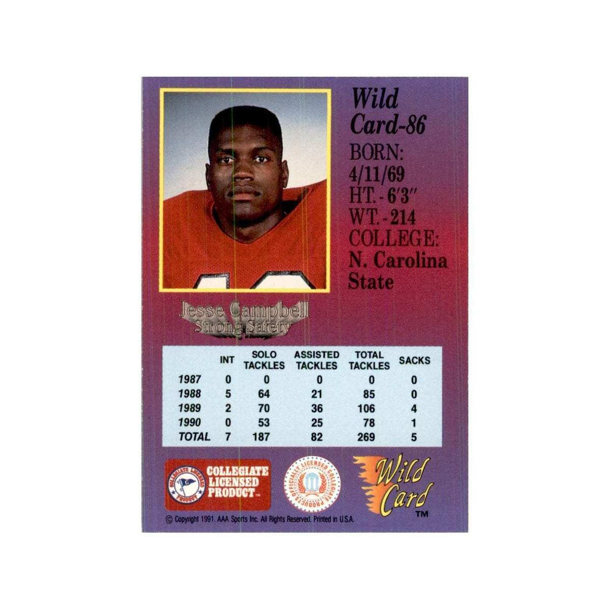 1991 Wild Card Jesse Campbell Football Cards #86