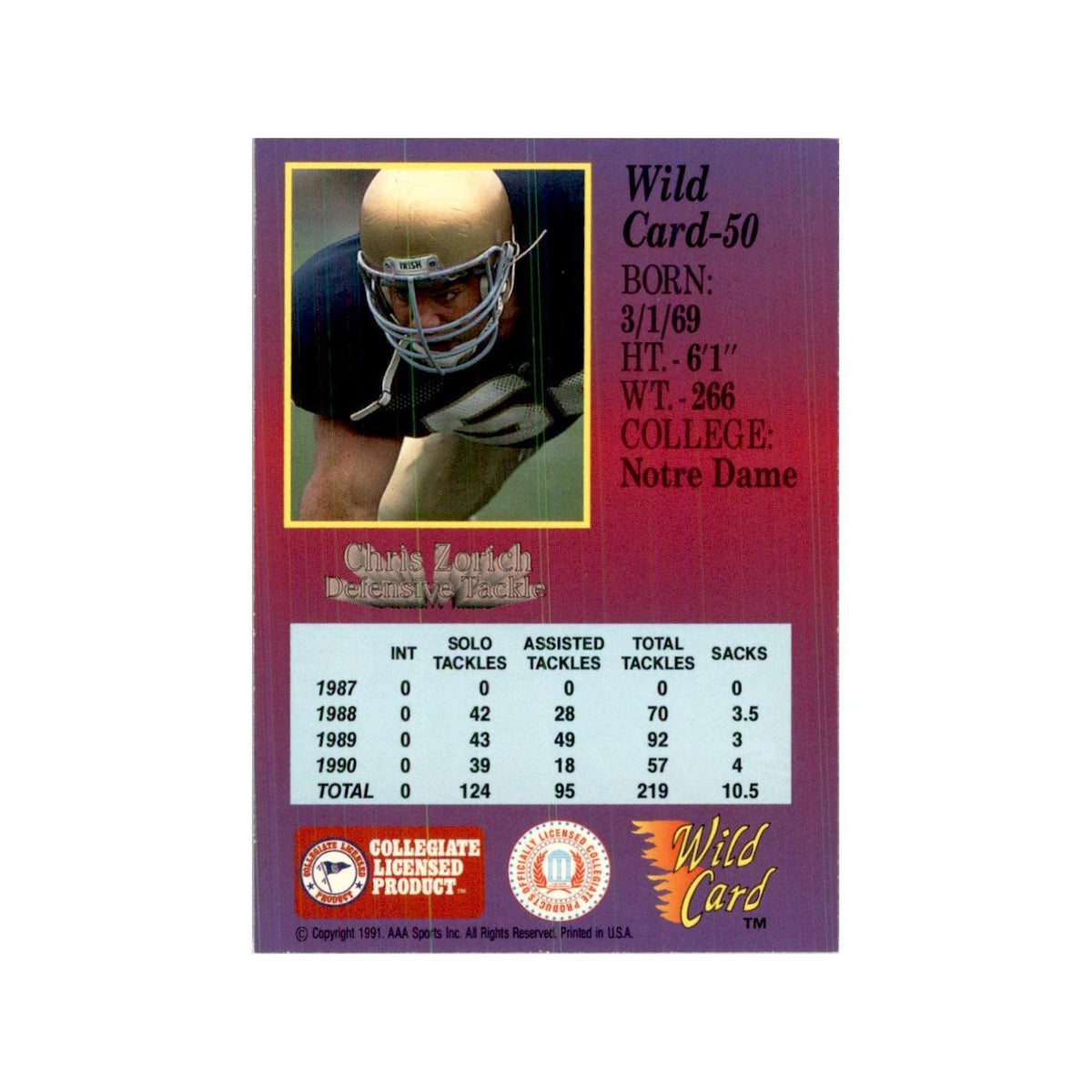 1991 Wild Card Chris Zorich Football Cards #50