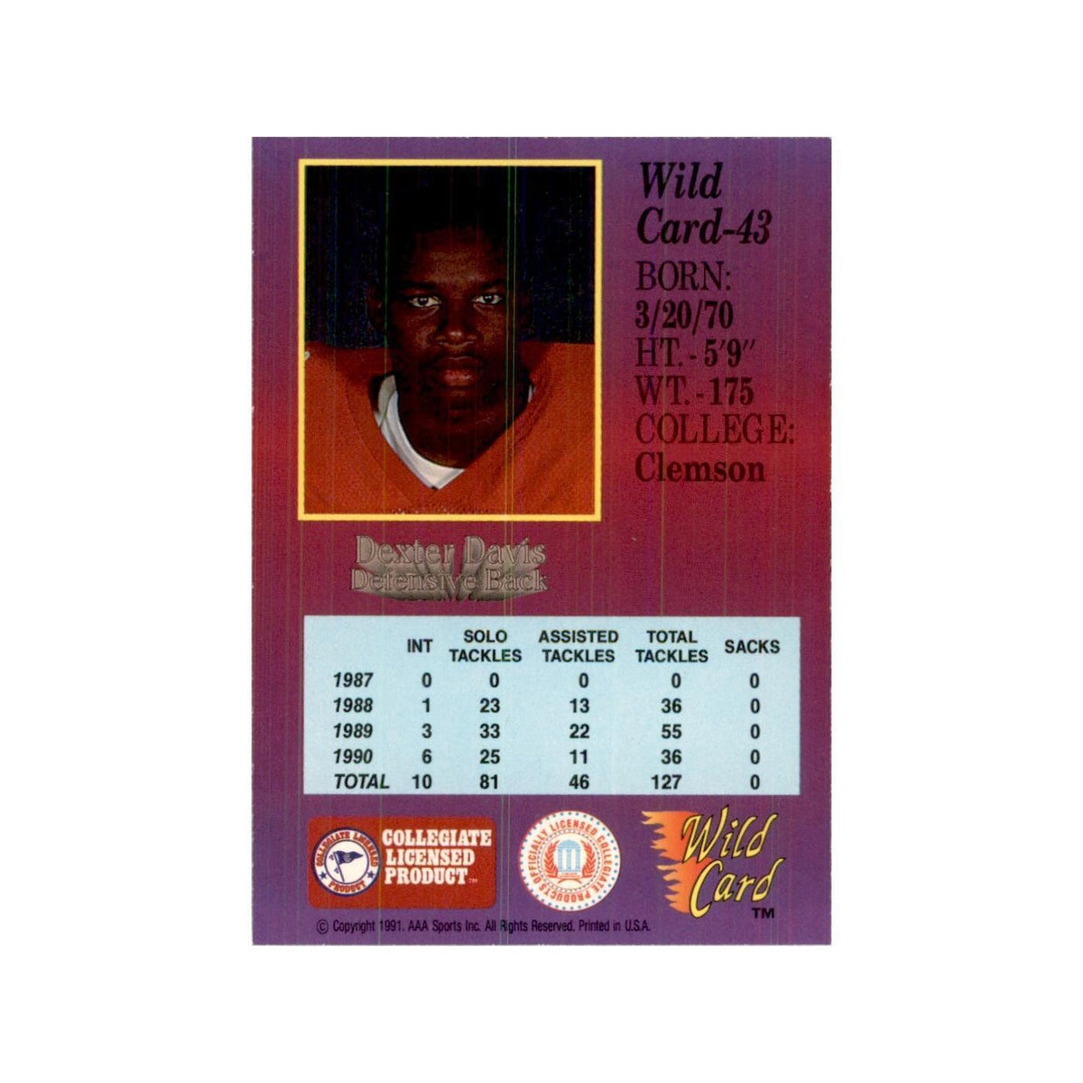 1991 Wild Card Dexter Davis Football Cards #43