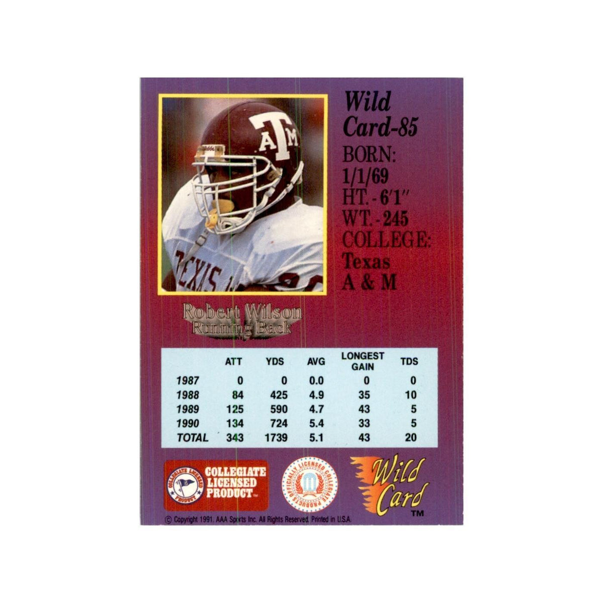 1991 Wild Card Robert Wilson Football Cards #85