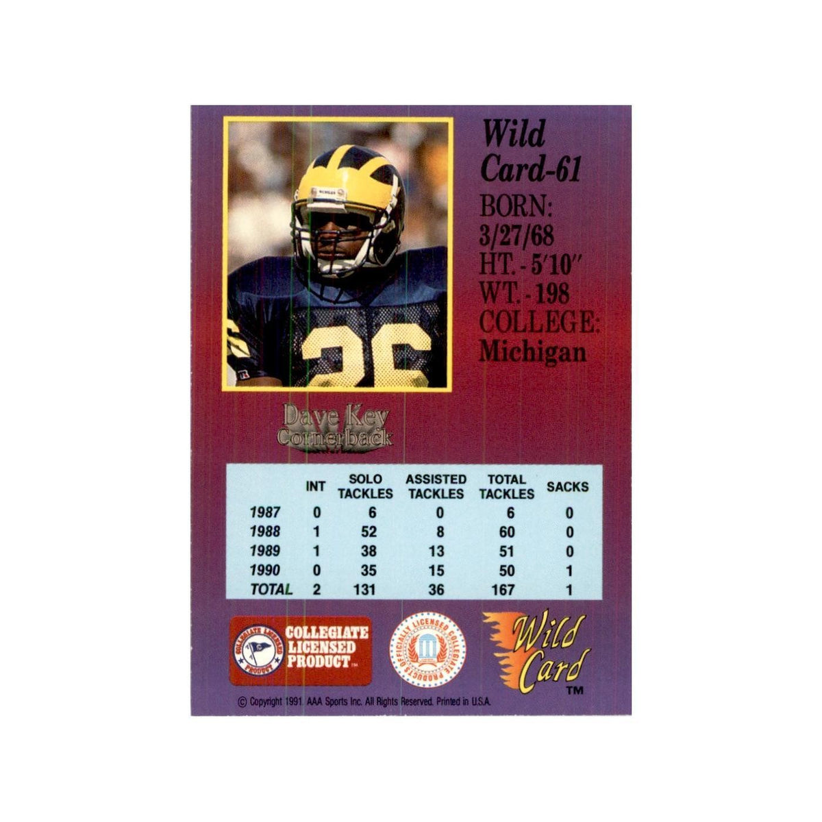 1991 Wild Card Dave Key Football Cards #61