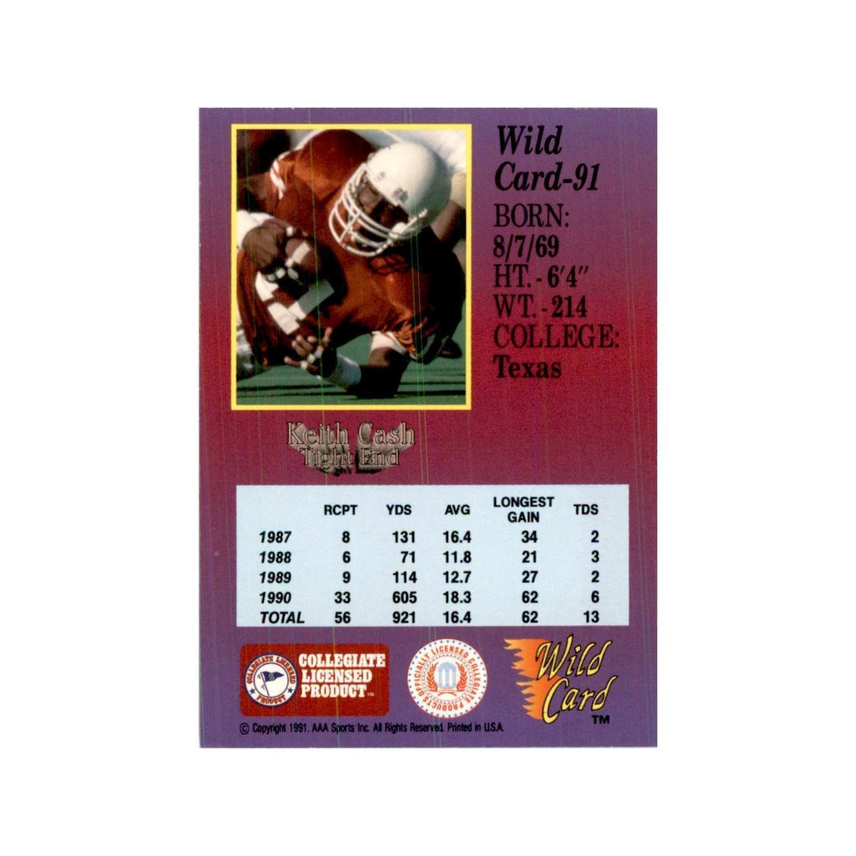 1991 Wild Card Keith Cash Football Cards #91