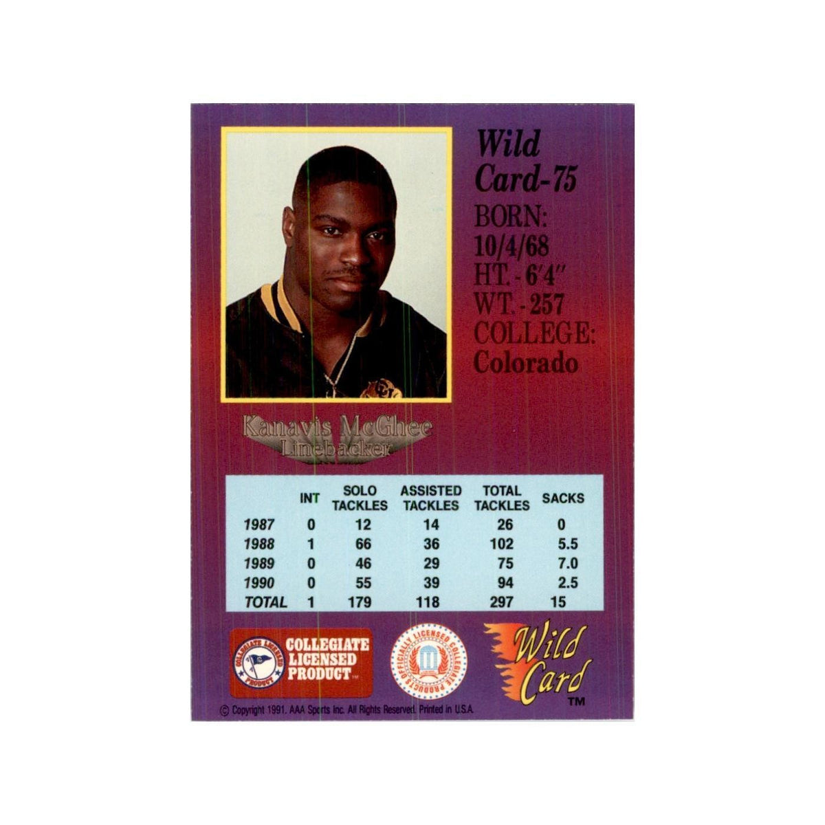 1991 Wild Card Kanavis McGhee Football Cards #75