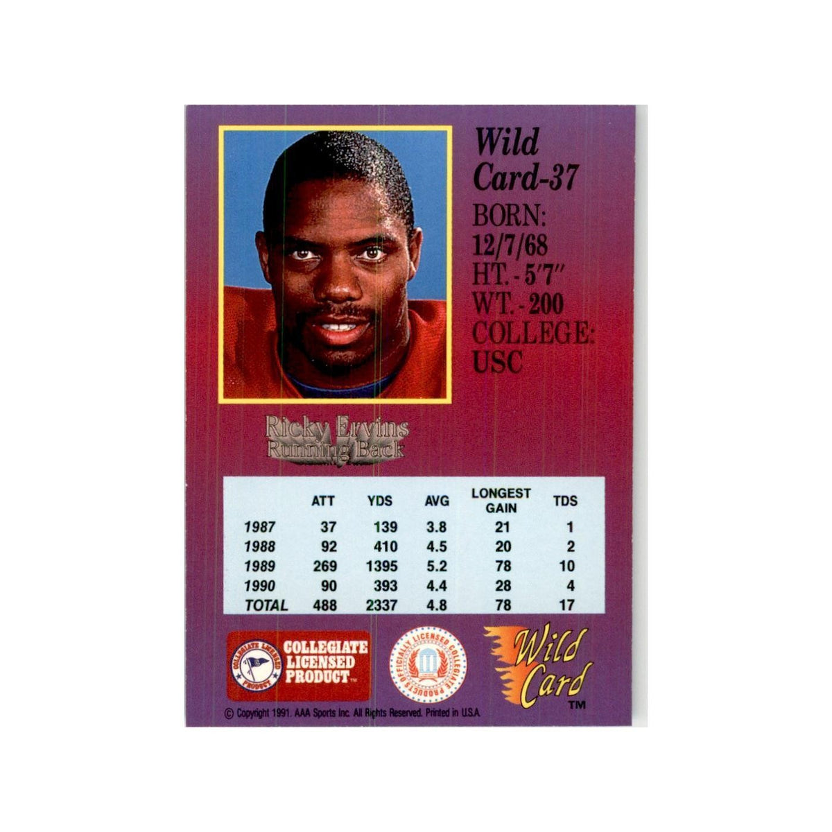 1991 Wild Card Ricky Ervins Football Cards #37