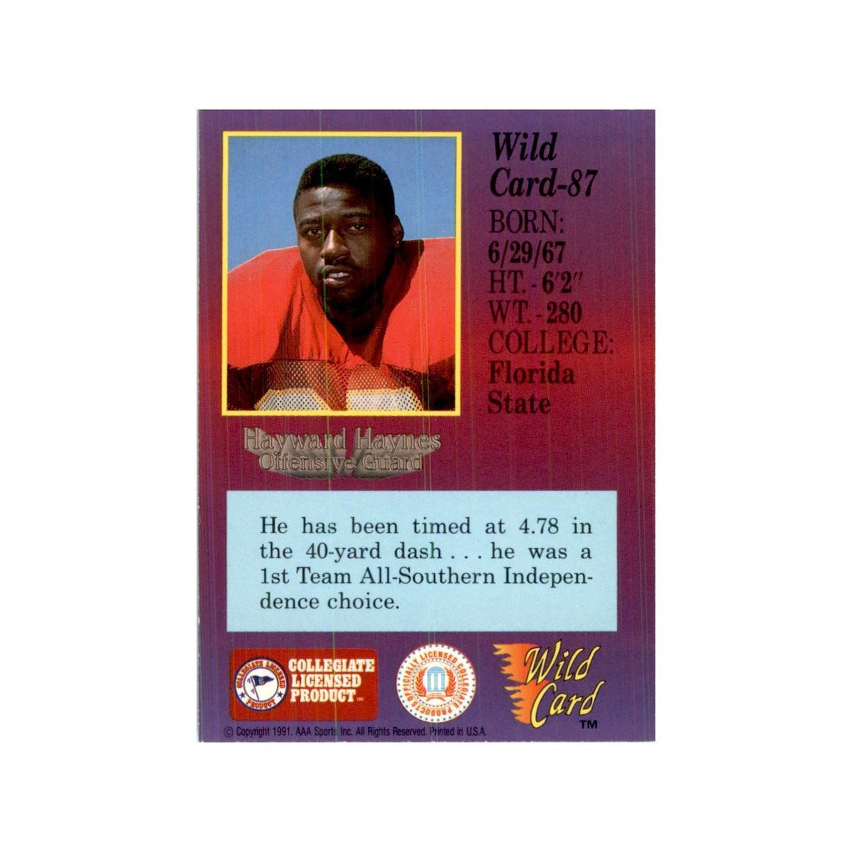 1991 Wild Card Hayward Haynes Football Cards #87