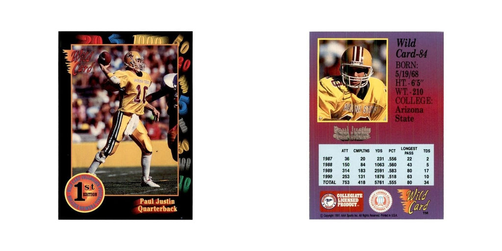 1991 Wild Card Paul Justin Football Cards #84
