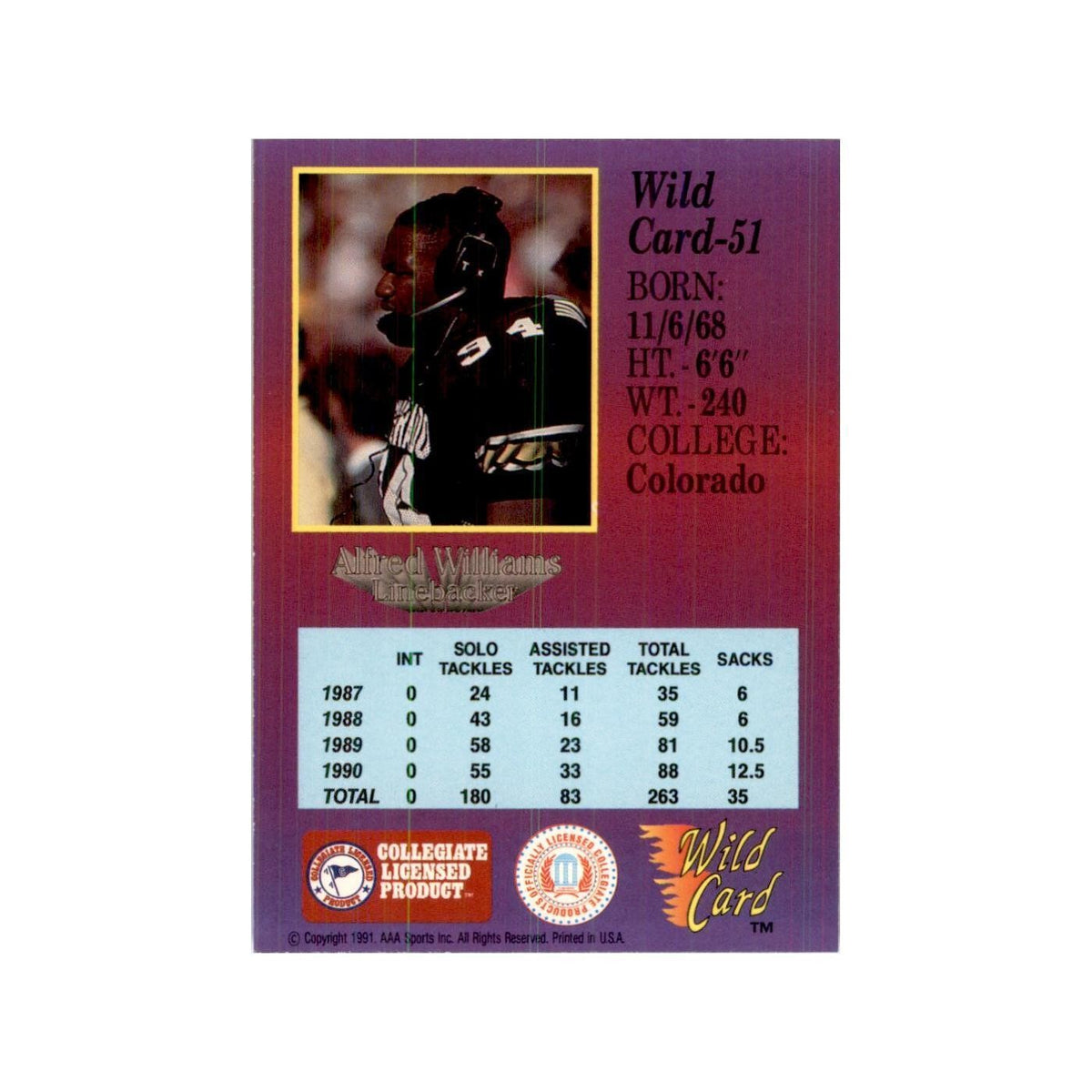 1991 Wild Card Alfred Williams Football Cards #51