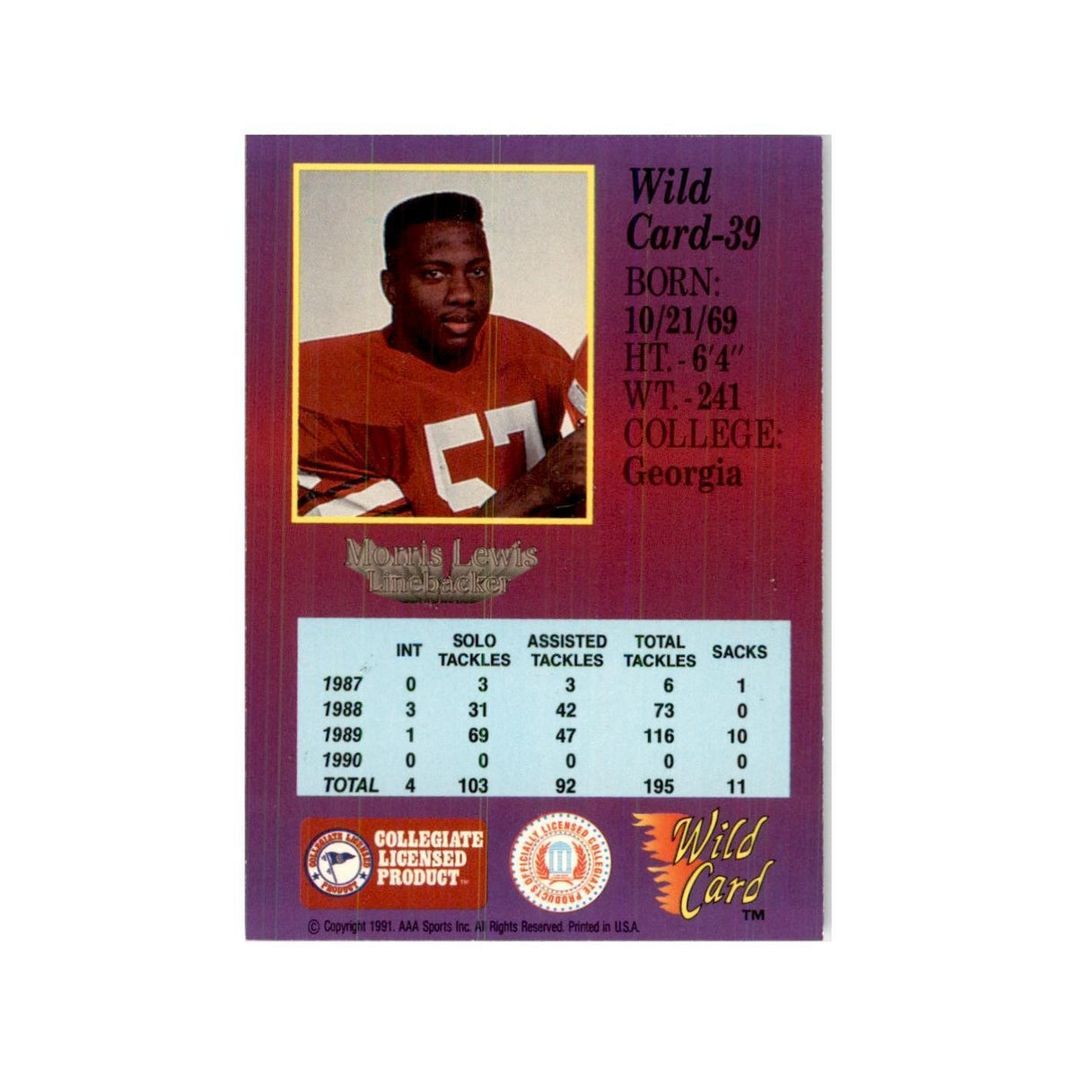 1991 Wild Card Morris Lewis Football Cards #39