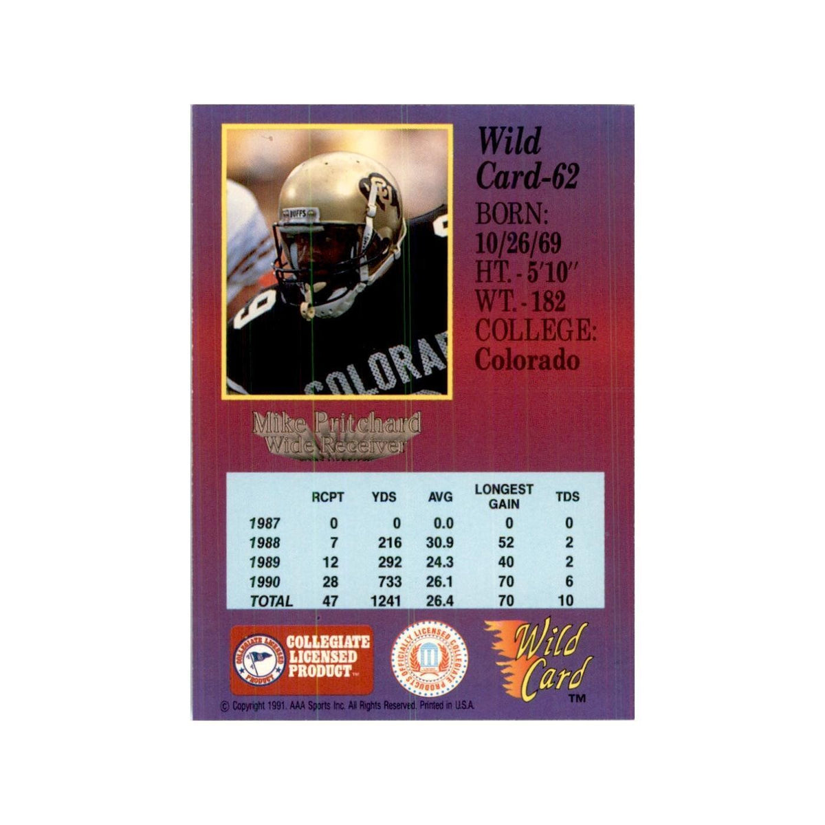 1991 Wild Card Mike Pritchard Football Cards #62