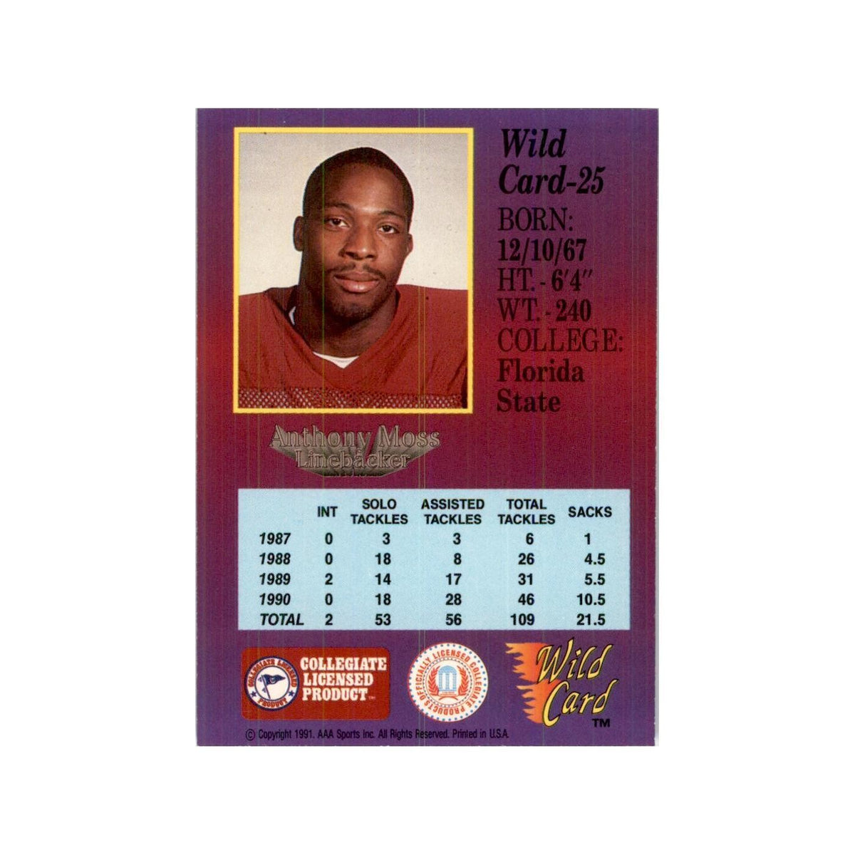 1991 Wild Card Anthony Moss Football Cards #25