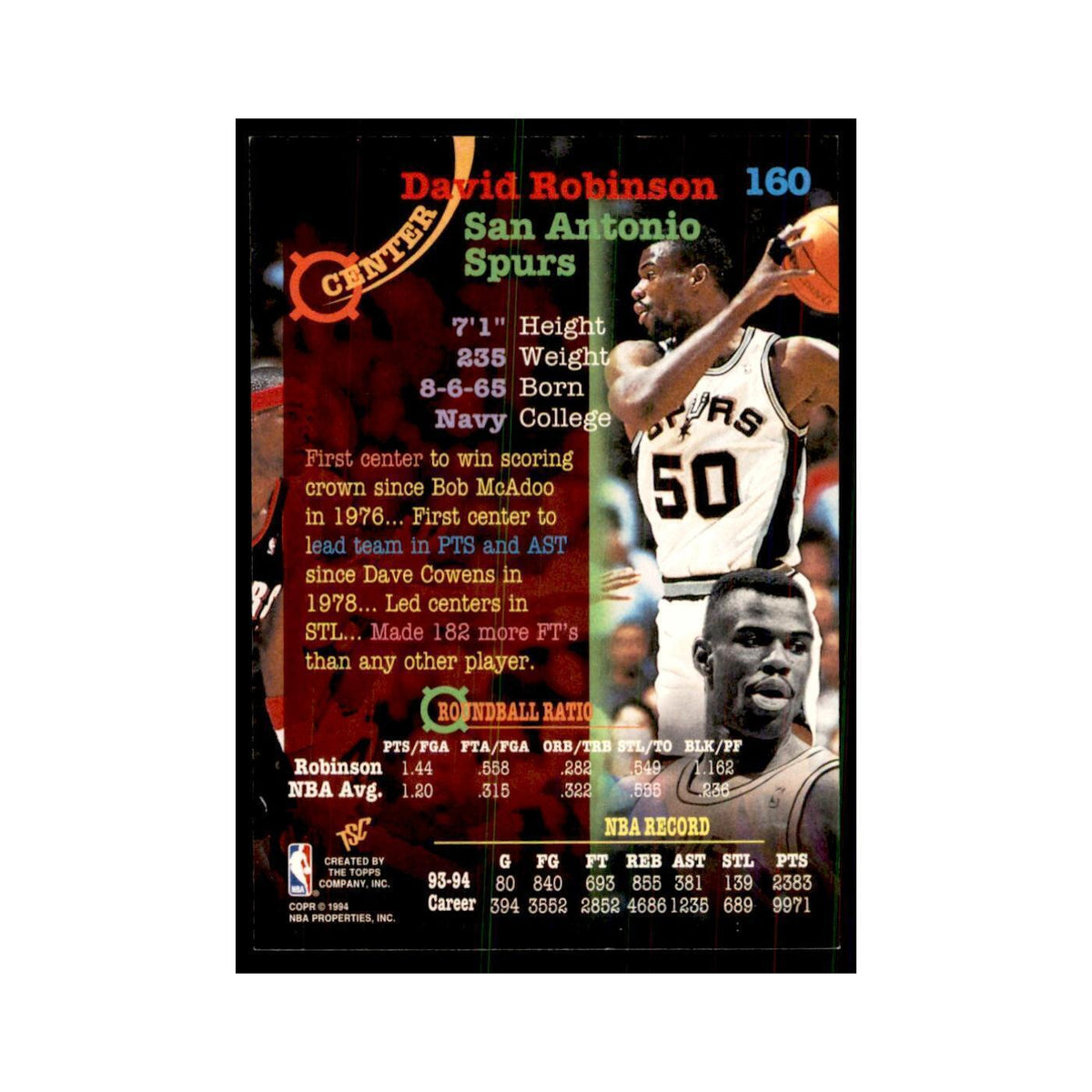 1994 Stadium Club David Robinson Basketball Cards #160