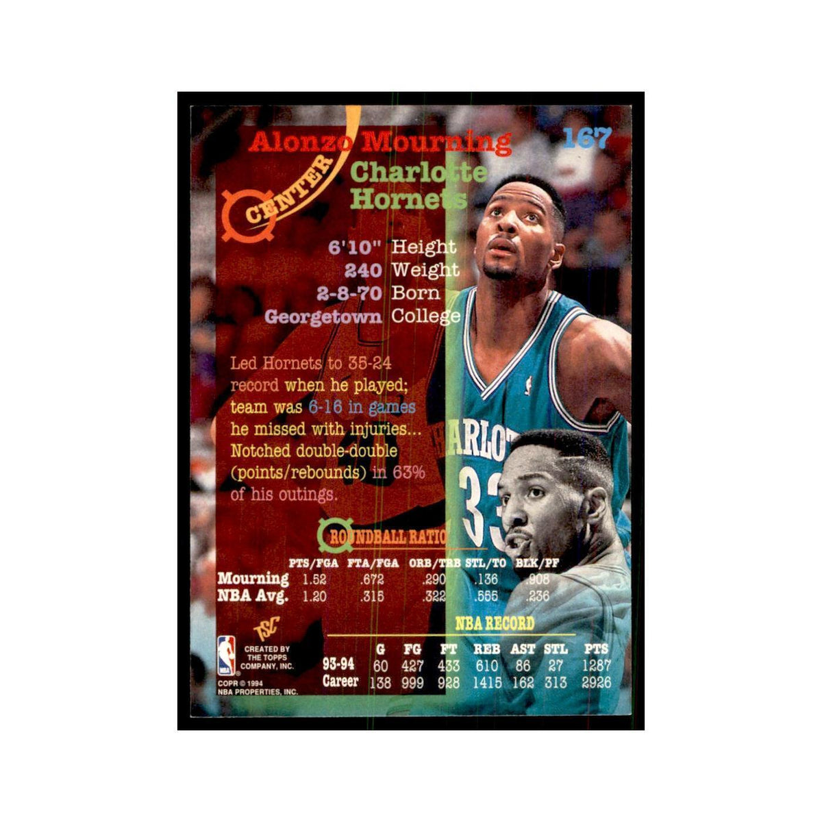 1994 Stadium Club Alonzo Mourning Basketball Cards #167