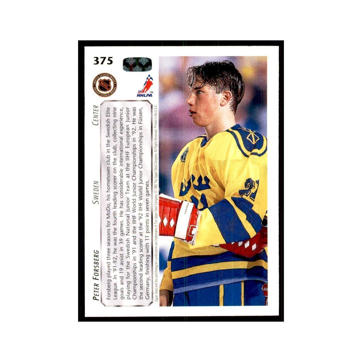 1992 Upper Deck Peter Forsberg Hockey Cards #375