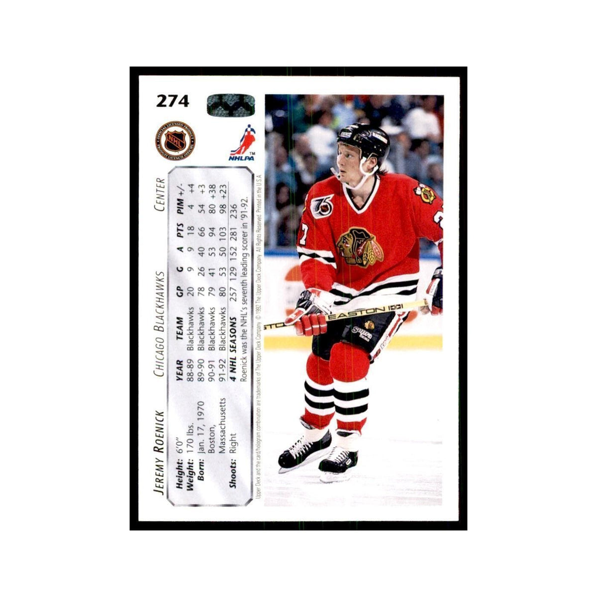 1992 Upper Deck Jeremy Roenick Hockey Cards #274