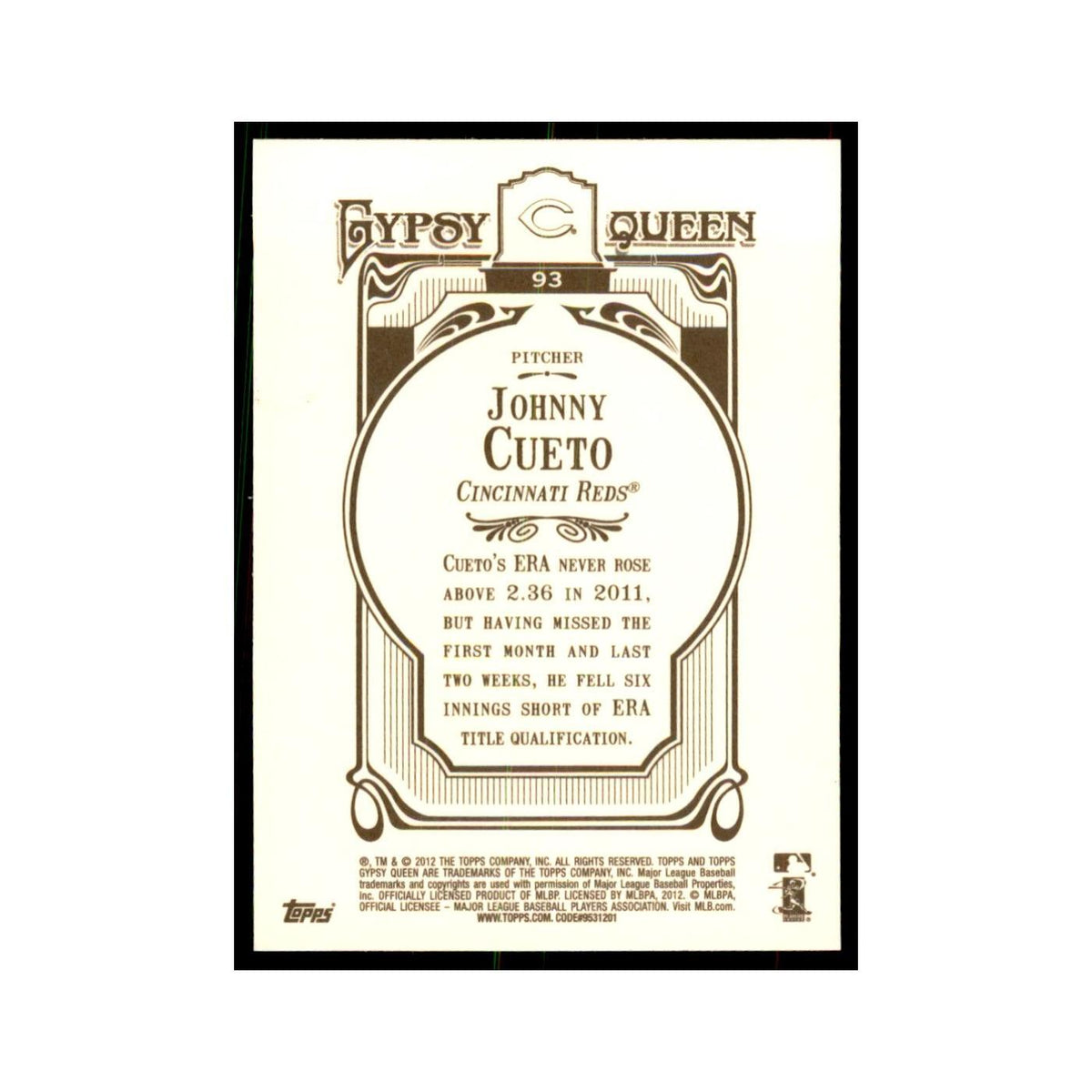 2012 Topps Gypsy Queen Johnny Cueto Baseball Cards #93