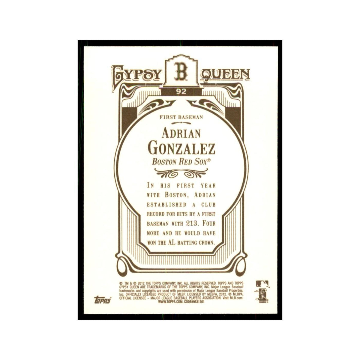 2012 Topps Gypsy Queen Adrian Gonzalez Baseball Cards #92
