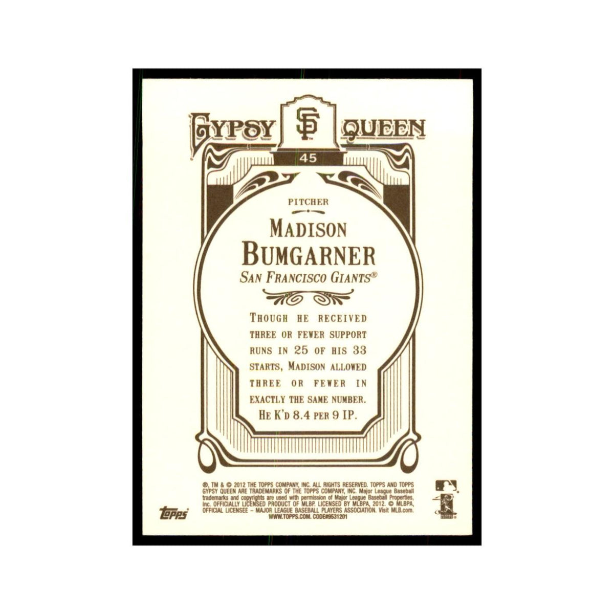 2012 Topps Gypsy Queen Madison Bumgarner Baseball Cards #45