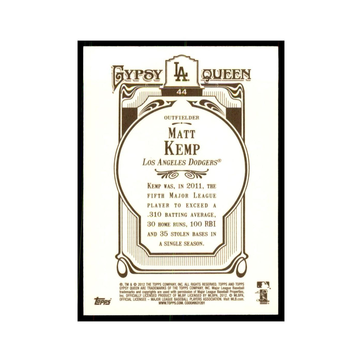 2012 Topps Gypsy Queen Matt Kemp Baseball Cards #44