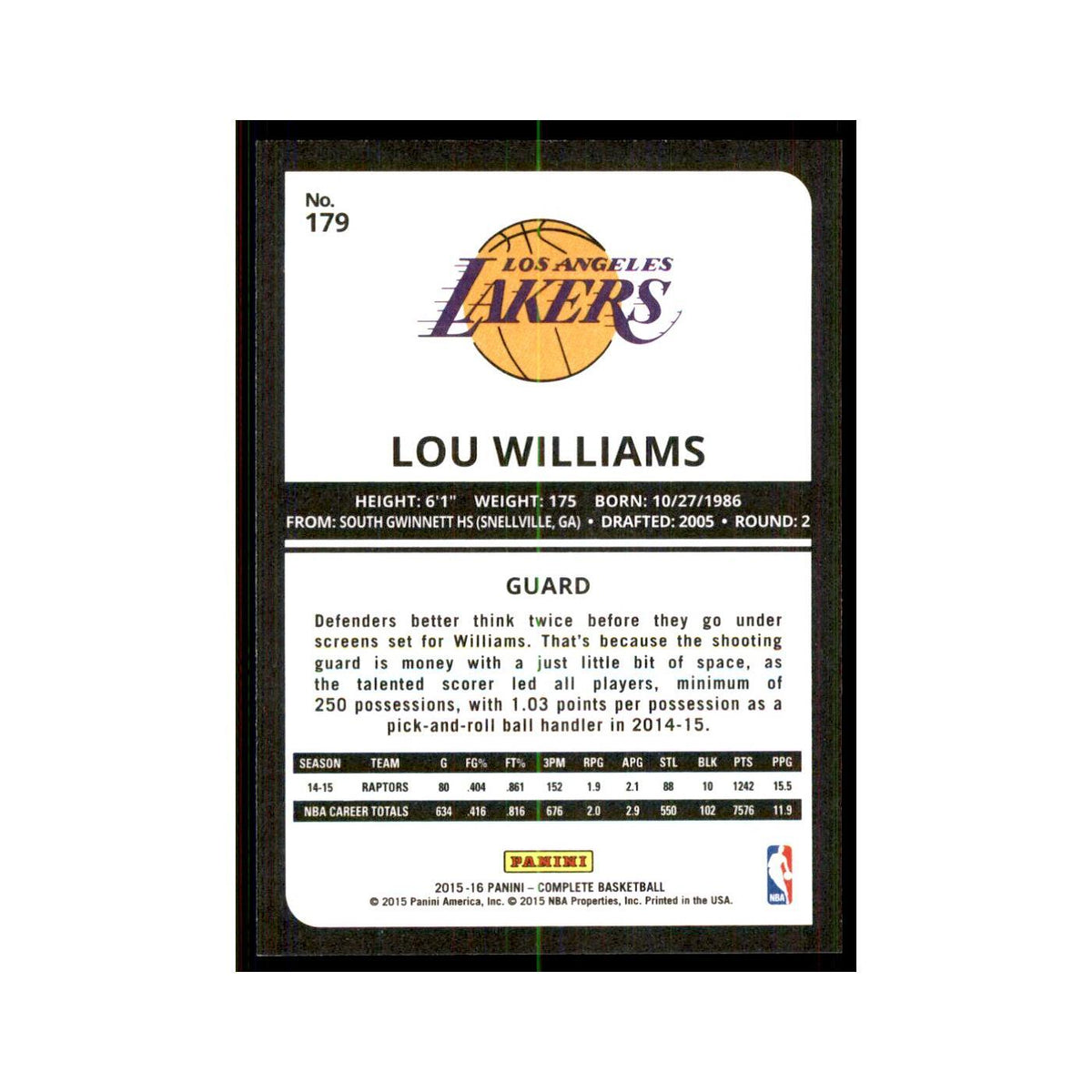 2015 Panini Complete Lou Williams Lakers #179